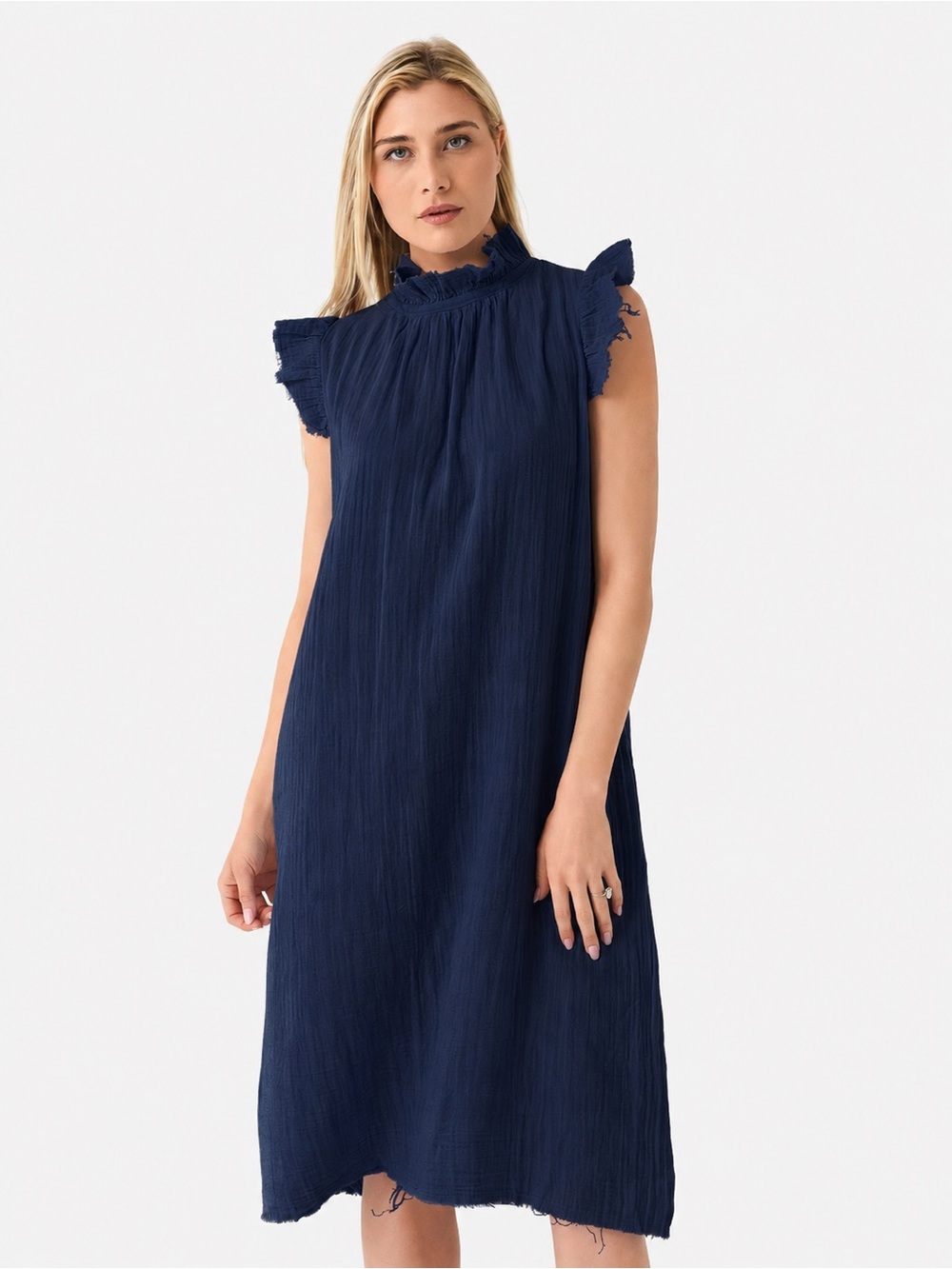 Mock-Neck Navy Midi Dress with Ruffle Sleeves